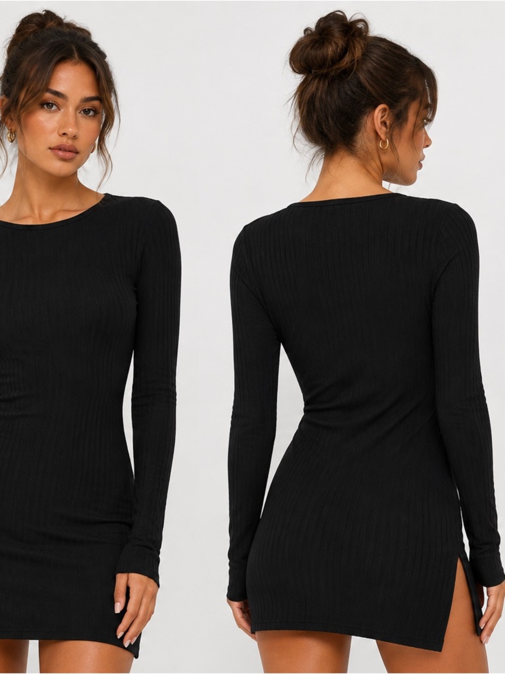 Naked Wardrobe Black Ribbed Long Sleeve Mini Dress